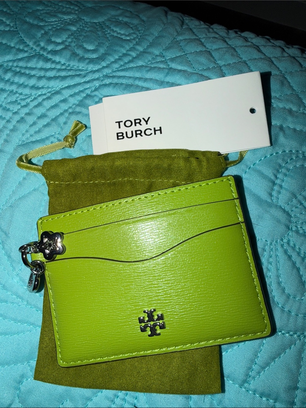 Tory Burch Chartreuse Leather Card Case with Logo Charm